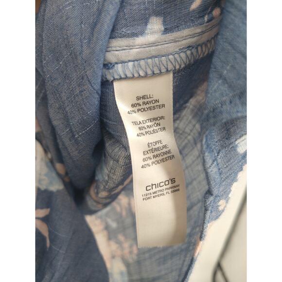 Chico's Blouse Top 1 M Floral Print Button Front Tab Sleeve Boho Blue Peach - Picture 8 of 9